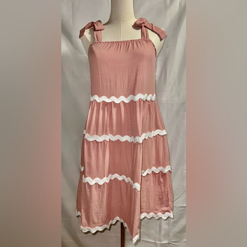 New Blush Pink and White Tiered Tie-Shoulder Flowy babydoll Dress